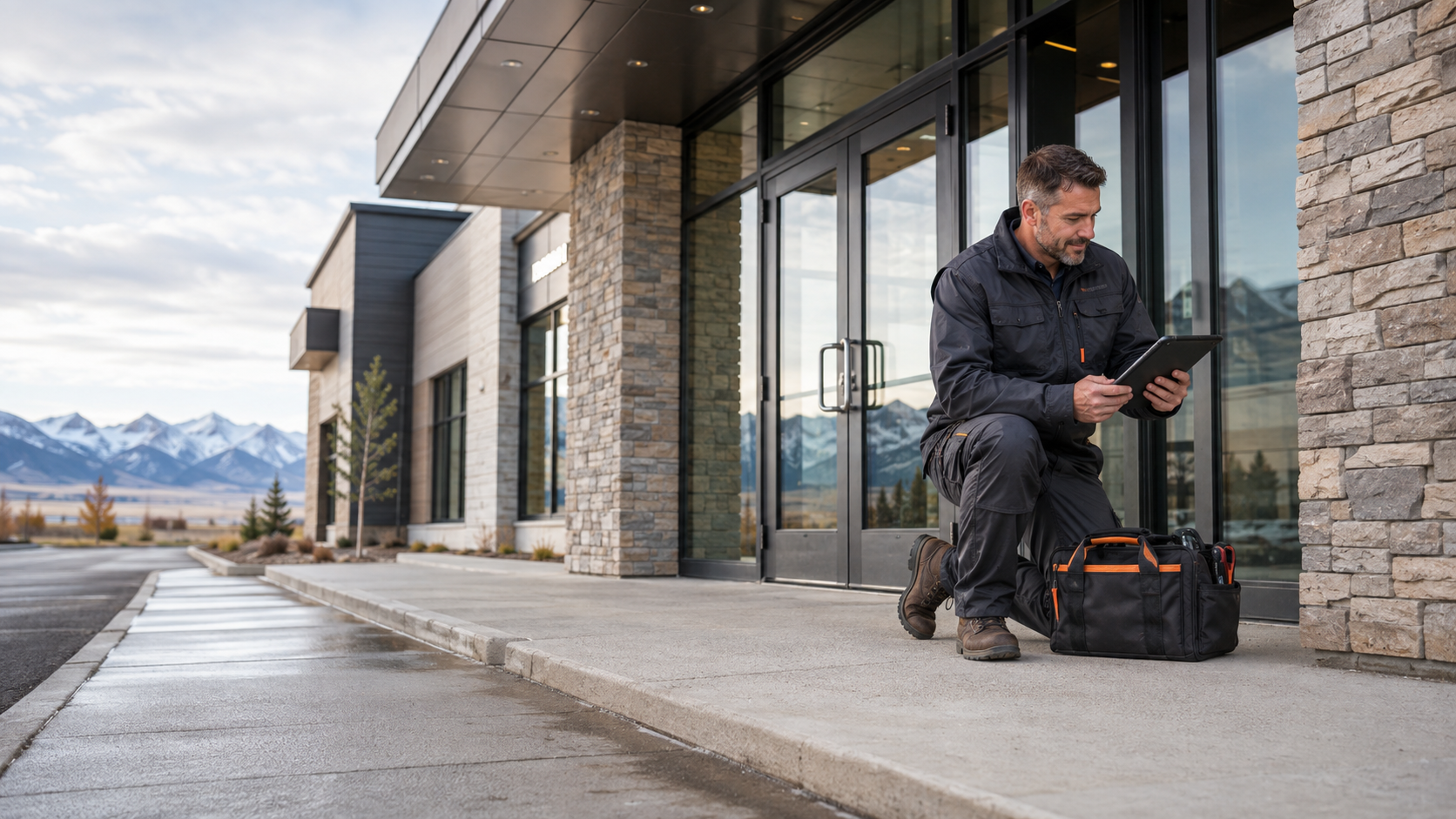 Commercial maintenance professional inspecting a Wyoming retail property